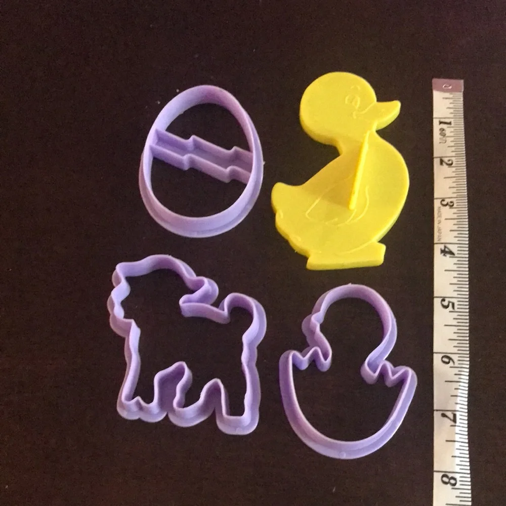 Four Plastic Easter Cookie Cutters Purple Egg Lamb Chick Hatching Yellow Duck